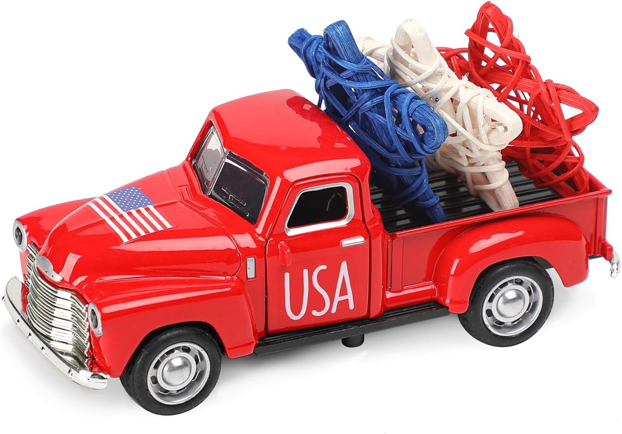 4th of July Truck Decorations – Patriotic Red, White & Blue Metal Farmhouse Truck Centerpieces for Tables, Tiered Trays, Independence Day & Memorial Day